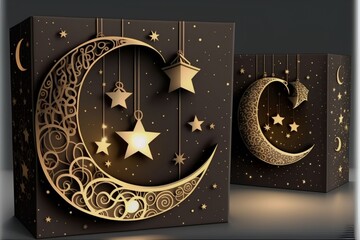 gift boxes islamic crescent with star and hanging lantern, Generative AI