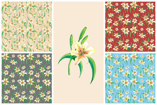 Beautiful set of seamless backgrounds with white watercolor lilies