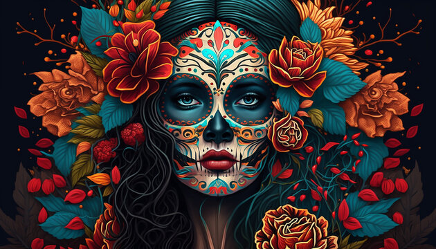 Mexican festival known as Day of the Dead with maxican girl portrait wearing carnival mask of the day of the dead, Generative ai