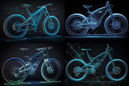 Virtual simulation of future electric mountain bike showing wireframe prototype model blueprint in display for factory manufacturing - generative ai