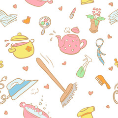 Color pattern drawn by hand. Items for housework. Vector.