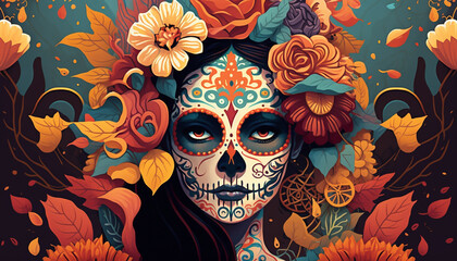 Mexican festival known as Day of the Dead with maxican girl portrait wearing carnival mask of the day of the dead, Generative ai