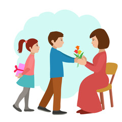 The boy gives his mother flowers. The girl is going to give her mother a gift. The girl is hiding a gift behind her back. Children congratulate mom. Mothers Day. March 8. Vector.
