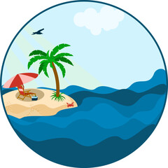 Fototapeta na wymiar Cartoon style of sea shore. Good sunny day. Deck chair and beach umbrella on the sand coast.
