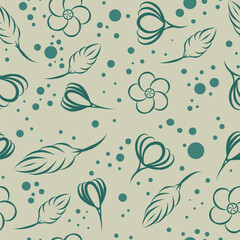 Seamless vintage pattern flowers , green leaves on a light green background. vector texture.