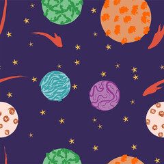 Fototapeta na wymiar Pattern colorful space seamless pattern with planets, comets, constellations and stars. Night sky hand drawn doodle astronomical background