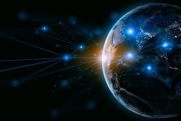 earth and network of internet satellite for telecom,globe data cloud storage of 5g, global networking of social data communication business, Elements of this image furnished by NASA