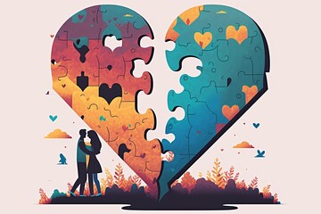 Two people put together a heart a heart shaped puzzle. Generative AI.