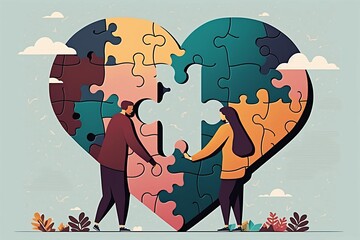 Two people put together a heart a heart shaped puzzle. Generative AI.