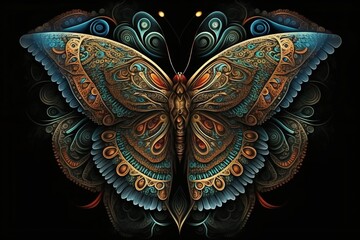Fototapeta na wymiar Mandala Butterfly on Black Background, Tattoo, desktop, 