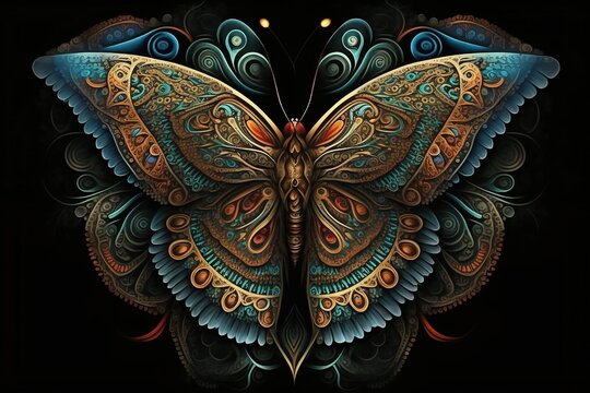Mandala Butterfly on Black Background, Tattoo, desktop, 