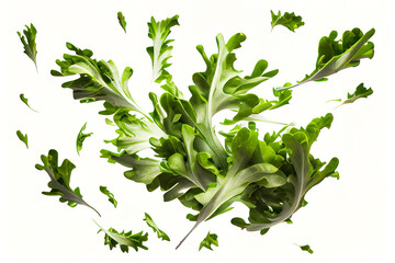 Green arugula leaves flying in air. Fresh summer or spring salad. Isolated on white background. AI.
