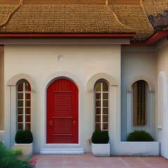 A stucco house with a red door and a tile roof 3_SwinIRGenerative AI