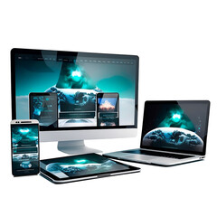marketing laptop, desktop computer, smartphone, tablet without background