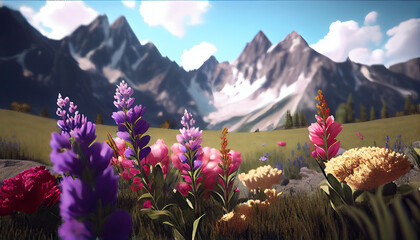 Alpine meadow with fresh flowers, Generative AI