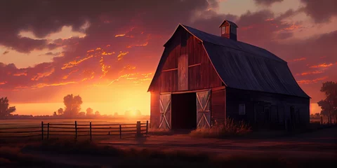 Foto op Canvas A barn on a farm at sunrise. Generative AI © August