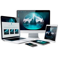 marketing laptop, desktop computer, smartphone, tablet without background for business