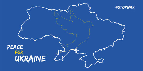 Isolated map of Ukraine on blue background. Peace for Ukraine banner with dove and slogan. Concept.