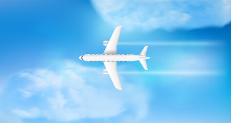 Flying modern airplane top view flying in cloudy sky. Air travel concept. 3d vector illustration