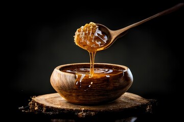 honey drips from a honey spoon in a wooden bowl