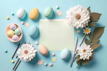 Painted Easter eggs, flowers and paper postcard. on a blue background. background top view in flat lay style. Empty space for text. generative AI