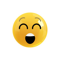 Emoji face perky laughter. Realistic 3d Icon. Render of yellow glossy color emoji in plastic cartoon style isolated on white background. PNG. Illustration