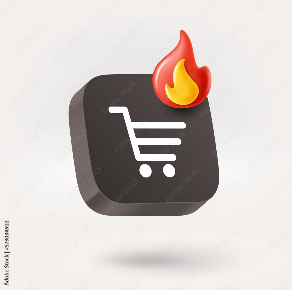 Poster shopping trolley icon with hot offer sign. deadline concept. 3d vector icon isolated on white backgr