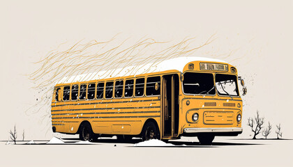 Plakat Winter Scene with a Yellow School Bus Isolated Illustration ~ Created using Generative AI