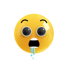 Emoji face of desire and drooling. Realistic 3d Icon. Render of yellow glossy color emoji in plastic cartoon style isolated on white background. PNG. Illustration