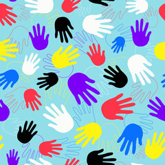 Hands, palms, print. Pattern seamless. Silhouette of the palm. Fingers of a person's hand, a child's palm. Drawing. Vector Graphics. Illustration on isolated background.