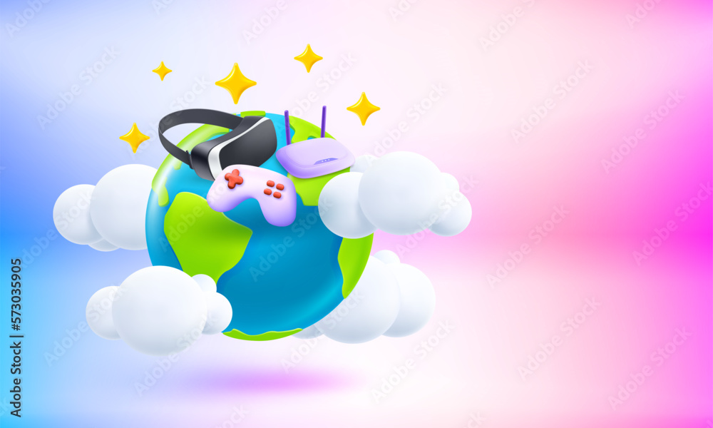 Poster the earth and vr glasses, router and gamepad. global gaming concept. 3d vector banner with copy spac