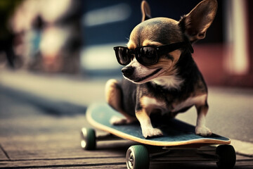 Dog sitting on a skateboard in a city street, smiling, happy, wearing sunglasses