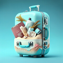 advertising of travel services, a suitcase on a blue background with beach accessories, photorealistic