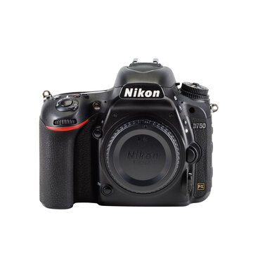 Professional DSLR digital camera body Nikon D750 isolated on a transparent background, PNG. High resolution.