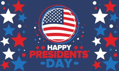 Happy Presidents day in United States. Washington's Birthday. Federal holiday in America. Celebrated in February. Patriotic american elements. Poster, banner and background. Vector illustration
