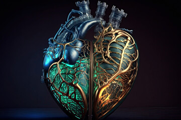 mechanical metal anatomical heart of cyborg robot. Art concept. Generative AI