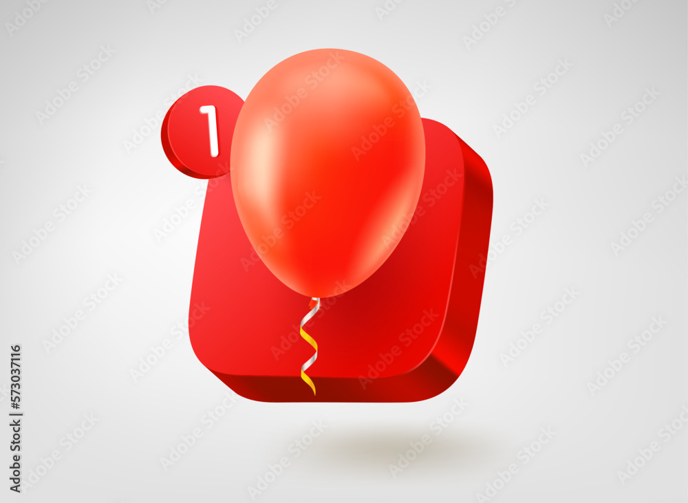 Poster Air balloon on red button. 3d vector mobile application icon