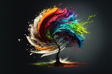 Abstract tree made of colorful paint splashes on black background