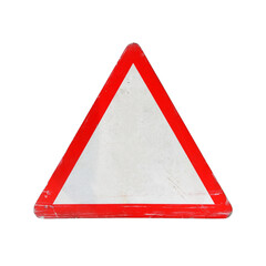 blank triangle traffic sign with red border and scratched isolated on transparent © andy0man