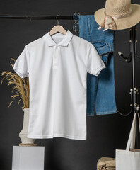The mockup presents a polo shirt that has been adorned with understated decor, exuding a minimalist...