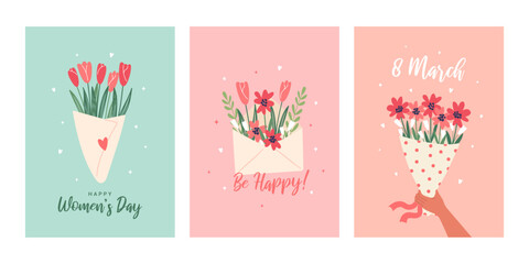 Happy Women's Day. Collection of lovely cute greeting cards with a bouquet of flowers and envelope with flowers. Festive vector illustration for the celebration of March 8.