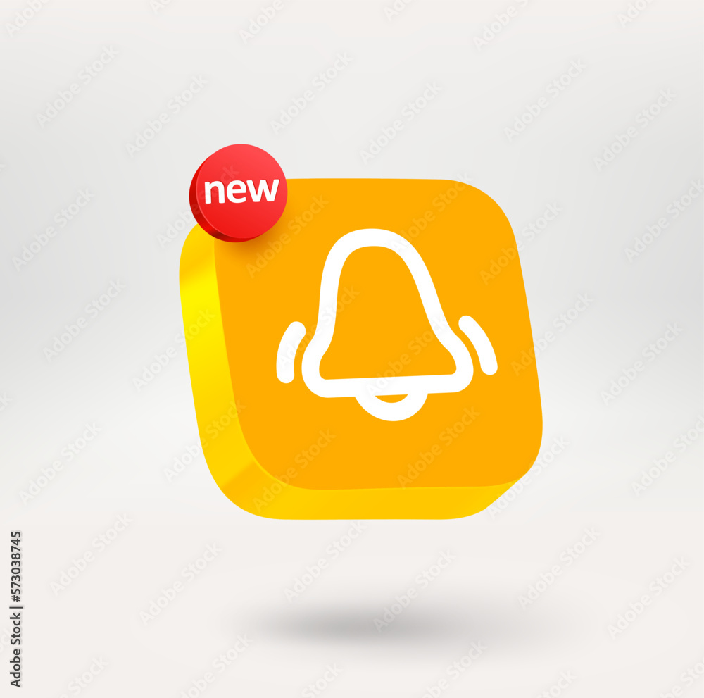 Poster Notification button with NEW label. Mobile application icon. 3d vector icon isolated on white background