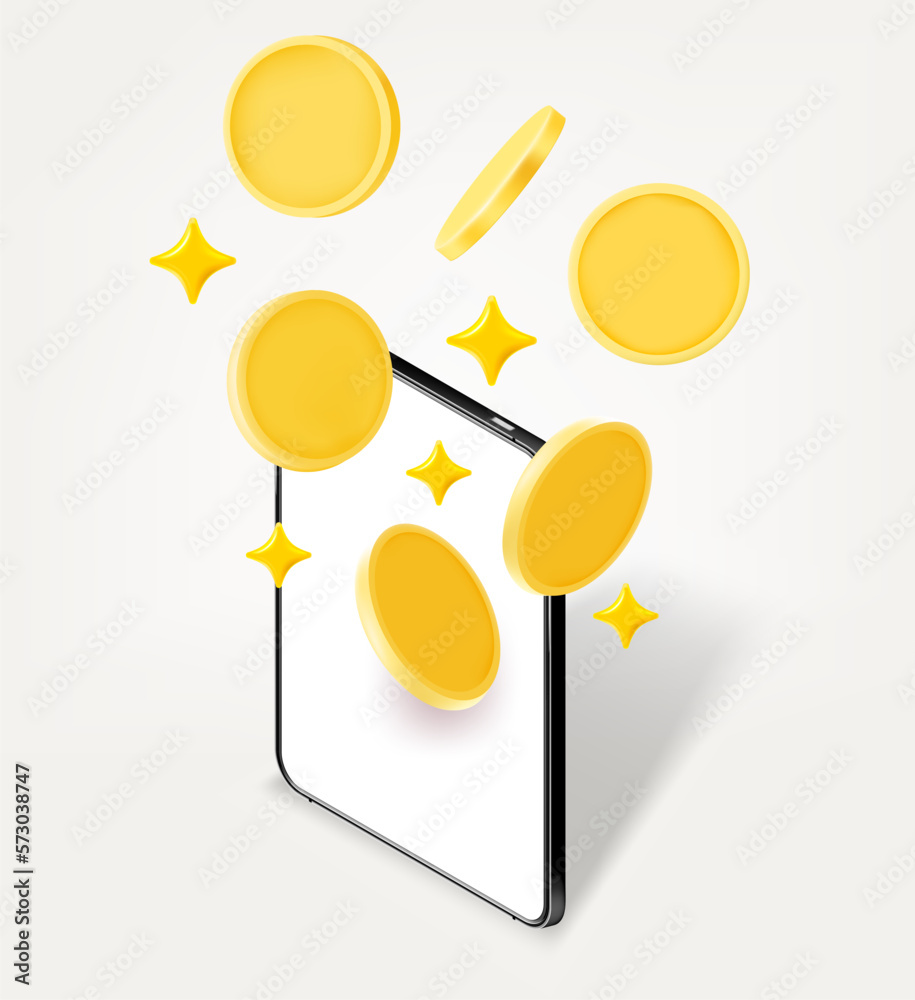 Poster Tablet computer with golden coins. 3d vector illustration isolated on white background