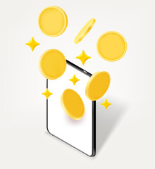 Tablet computer with golden coins. 3d vector illustration isolated on white background