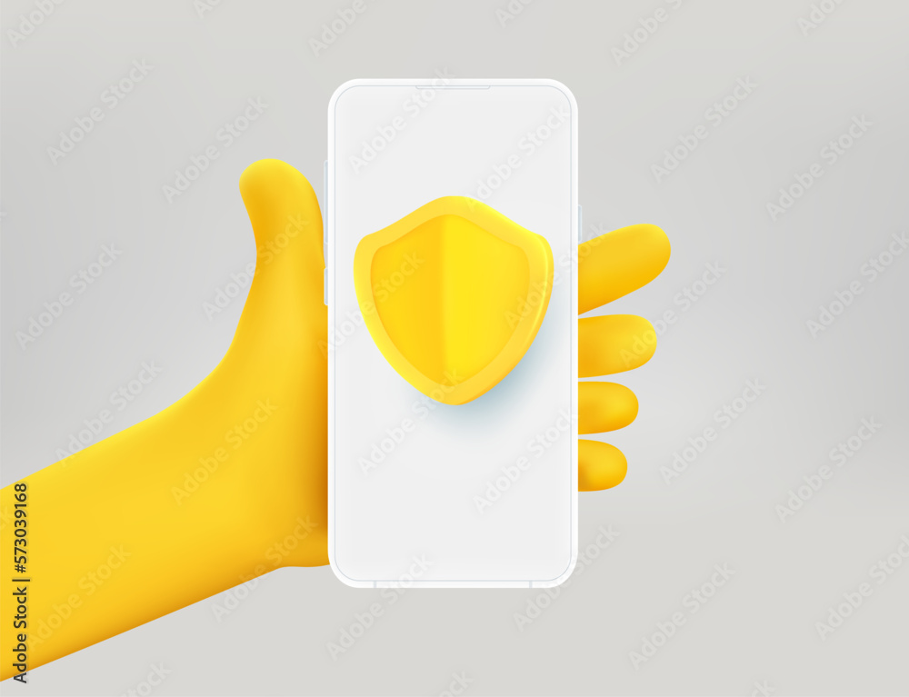 Poster modern smartphone with golden shield in the hand. mobile security concept. 3d vector illustration