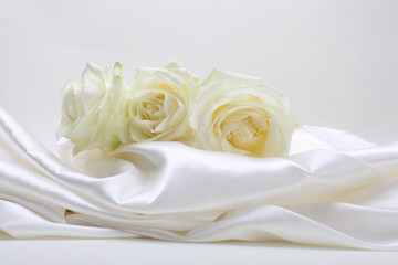 Nacre wave fabric silk with white rose flower bouquet. Abstract texture horizontal copy space background.
