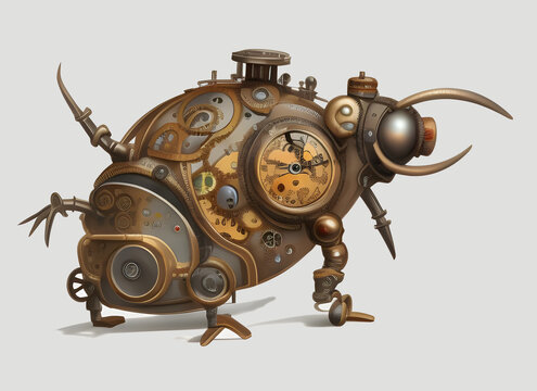 cyberpunk mechanical robot metal beetle with steampunk style clockwork brass gears isolated on a plain background. generative ai illustration.