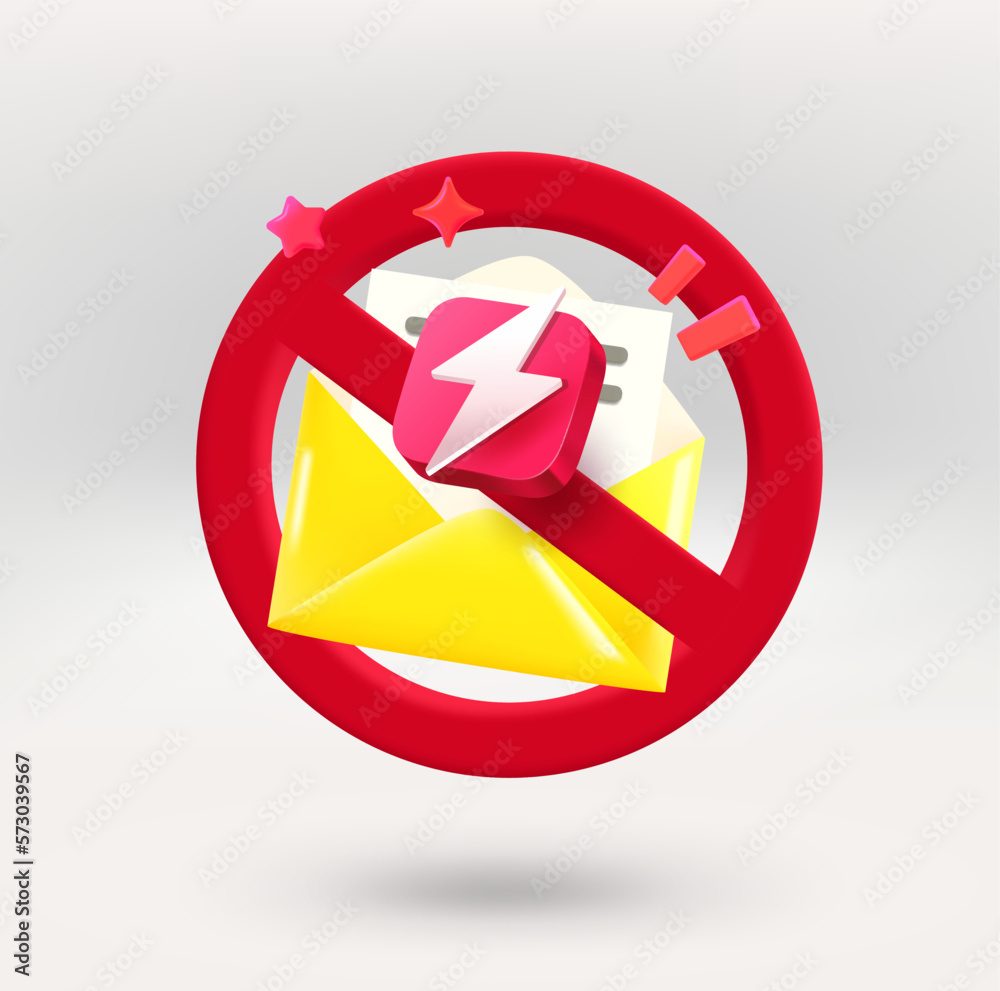 Aufkleber no spam concept with envelope. 3d vector icon isolated on white