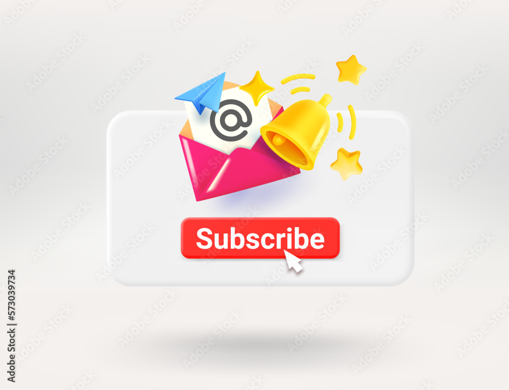 Poster pop up window with red button, blue envelope and golden bell. subscribe concept. 3d vector illustrat