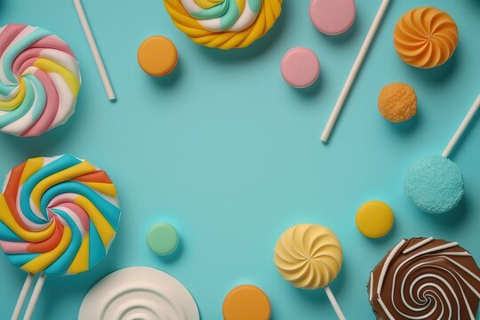 Sweet and bright minimalistic collage. Top view on Sweet swirl candy lollipops and candies on solid cyan background with copy space. AI